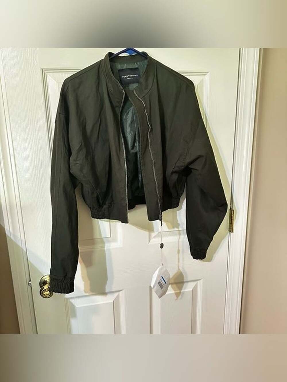 Angela Mele Milano Olive Green Cropped Bomber Jacket
